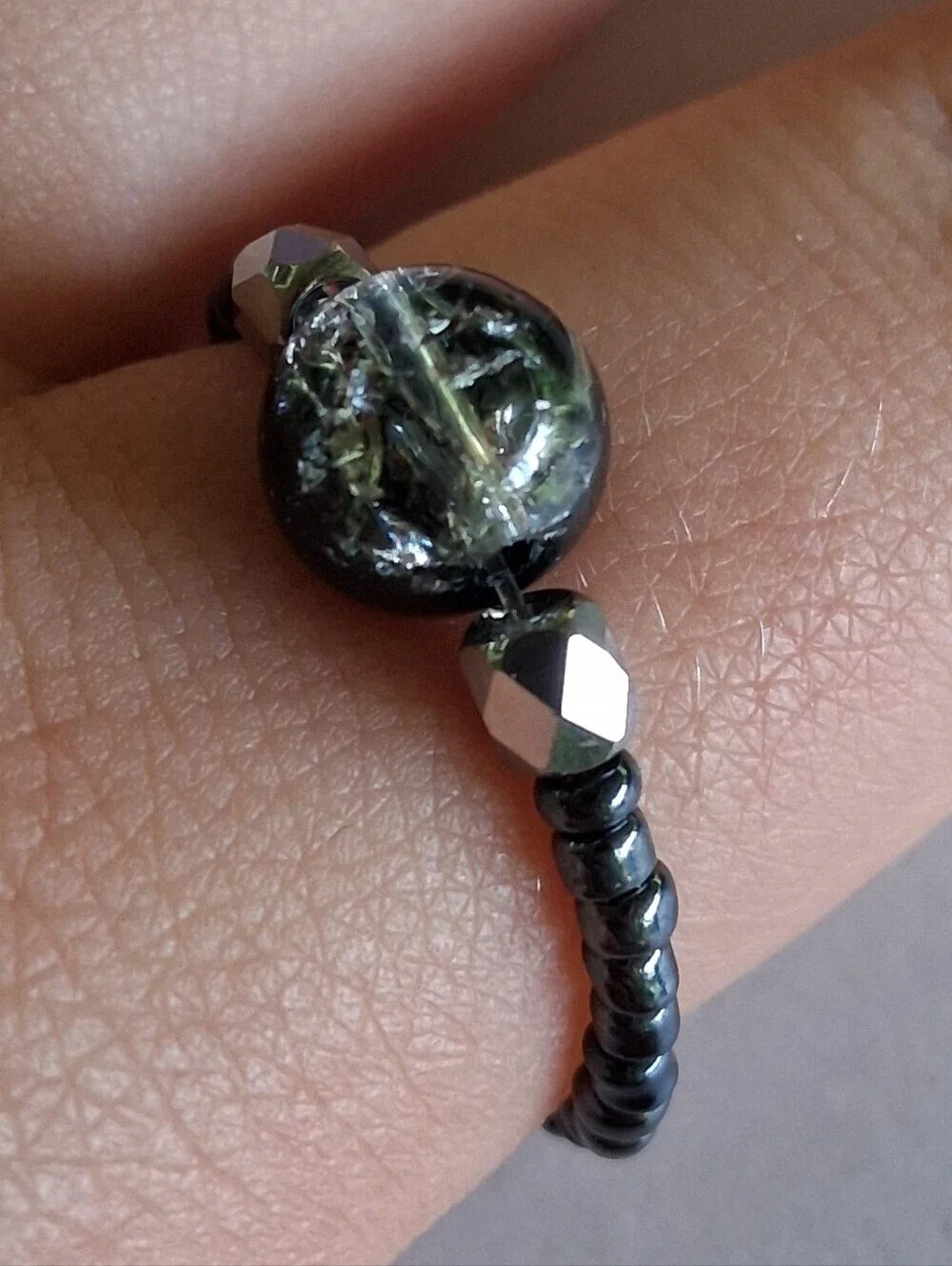 5/$25 Hand Crafted Iridescent Black Glass Center Ring with Silver Accents 7,8,9